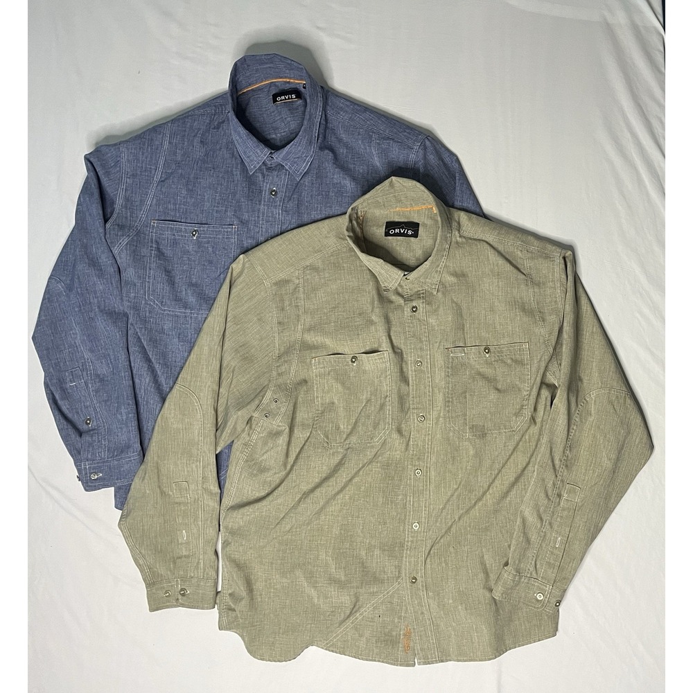 Orvis Chambray Work Shirts Men's SZ 2XL Blue Beige Long Sleeve Button Up Lot X2